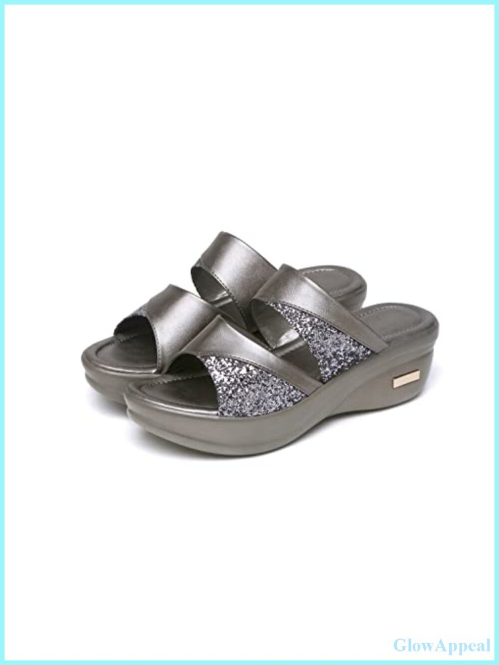 Rhinestone Slip On Wedge Sandals Open Toe Slippers PU Leather Sequin